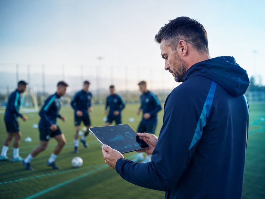 Antrenor urmărind progresul echipei pe tabletă, în timpul antrenamentului