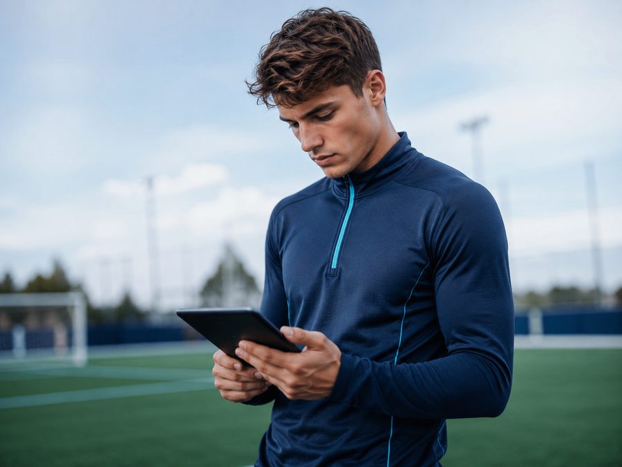 Sportiv folosind aplicația MiOS pe tabletă, pe teren
